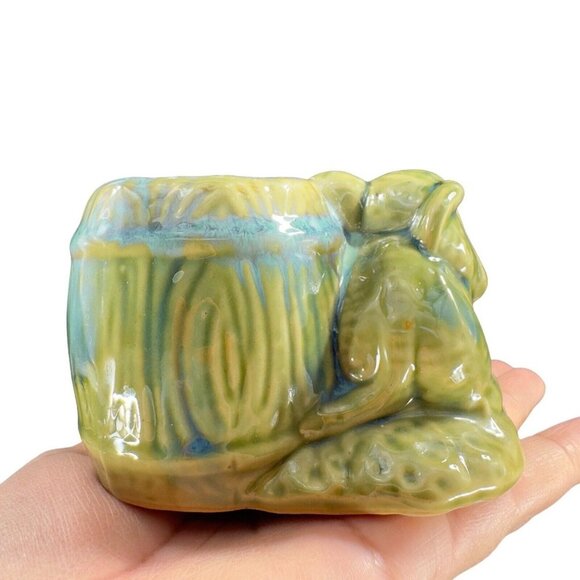 Vintage Majolica Style Pottery Green Elephant Vase Planter Drip Glaze Ceramic - Picture 5 of 15